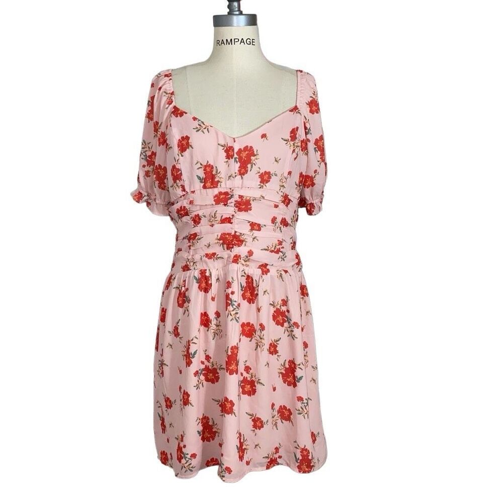 Collective Concepts Womens Size Large Smocked Mini Dress Pink Floral Puff Sleeve